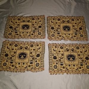 4 woven fabric beige fringed placemats stars moon theme  13 x 19 100% cotton